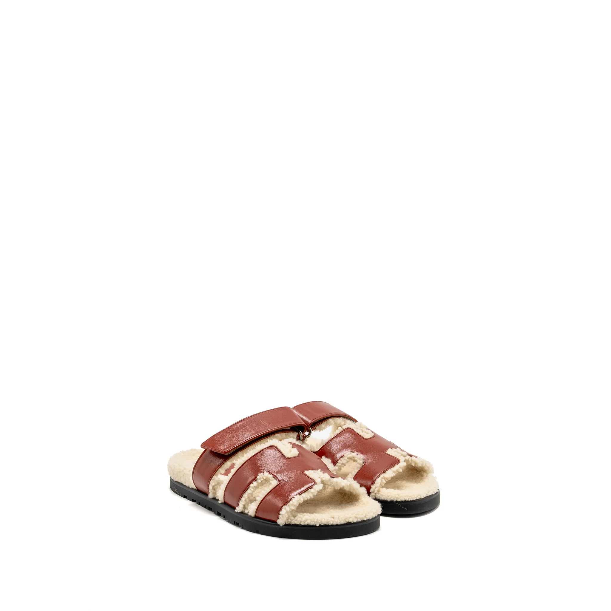 Hermes Size 37 Femme Chypre Sandals Glazed Napa/Shearling Rouge Sanguine/Ecru