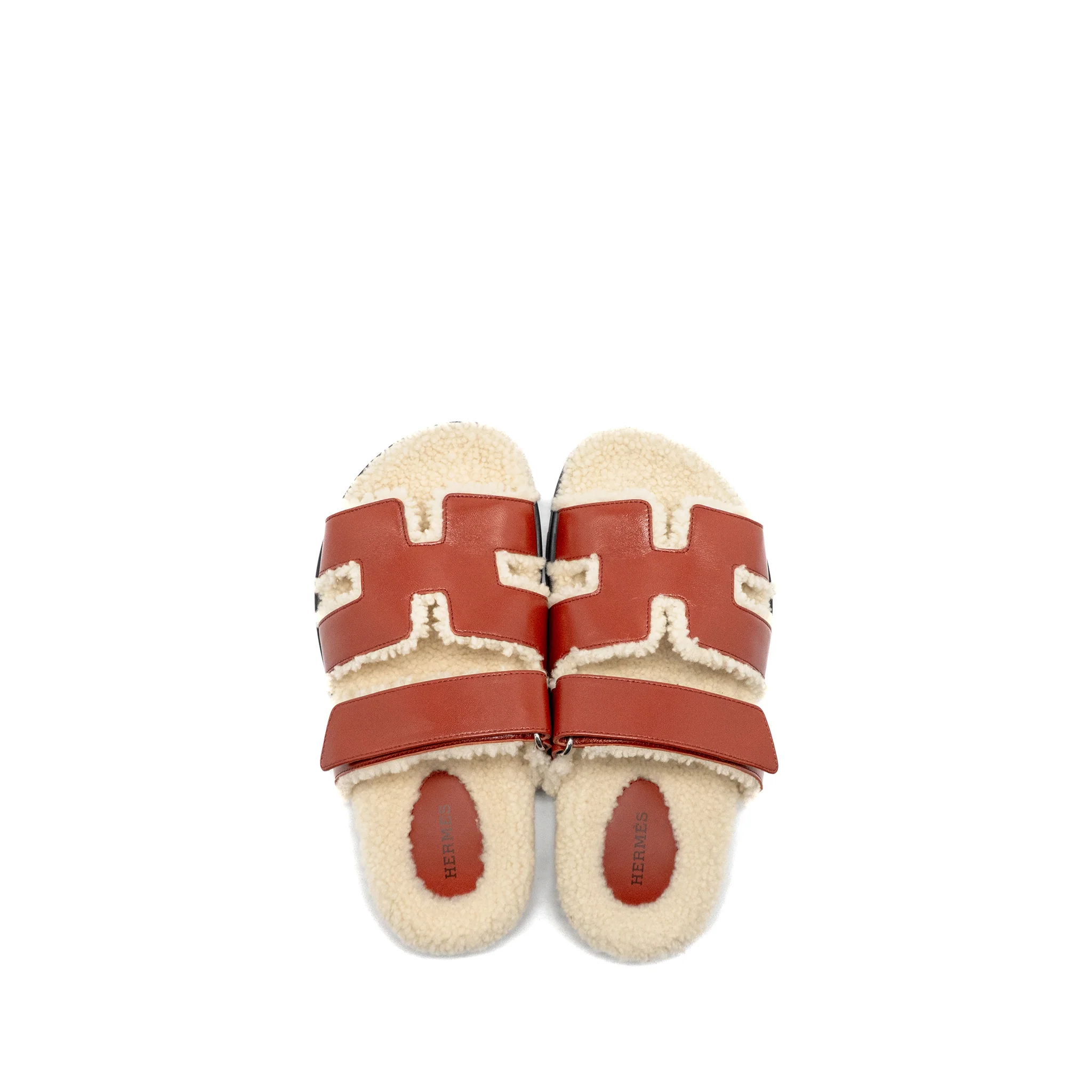 Hermes Size 37 Femme Chypre Sandals Glazed Napa/Shearling Rouge Sanguine/Ecru - Image 4