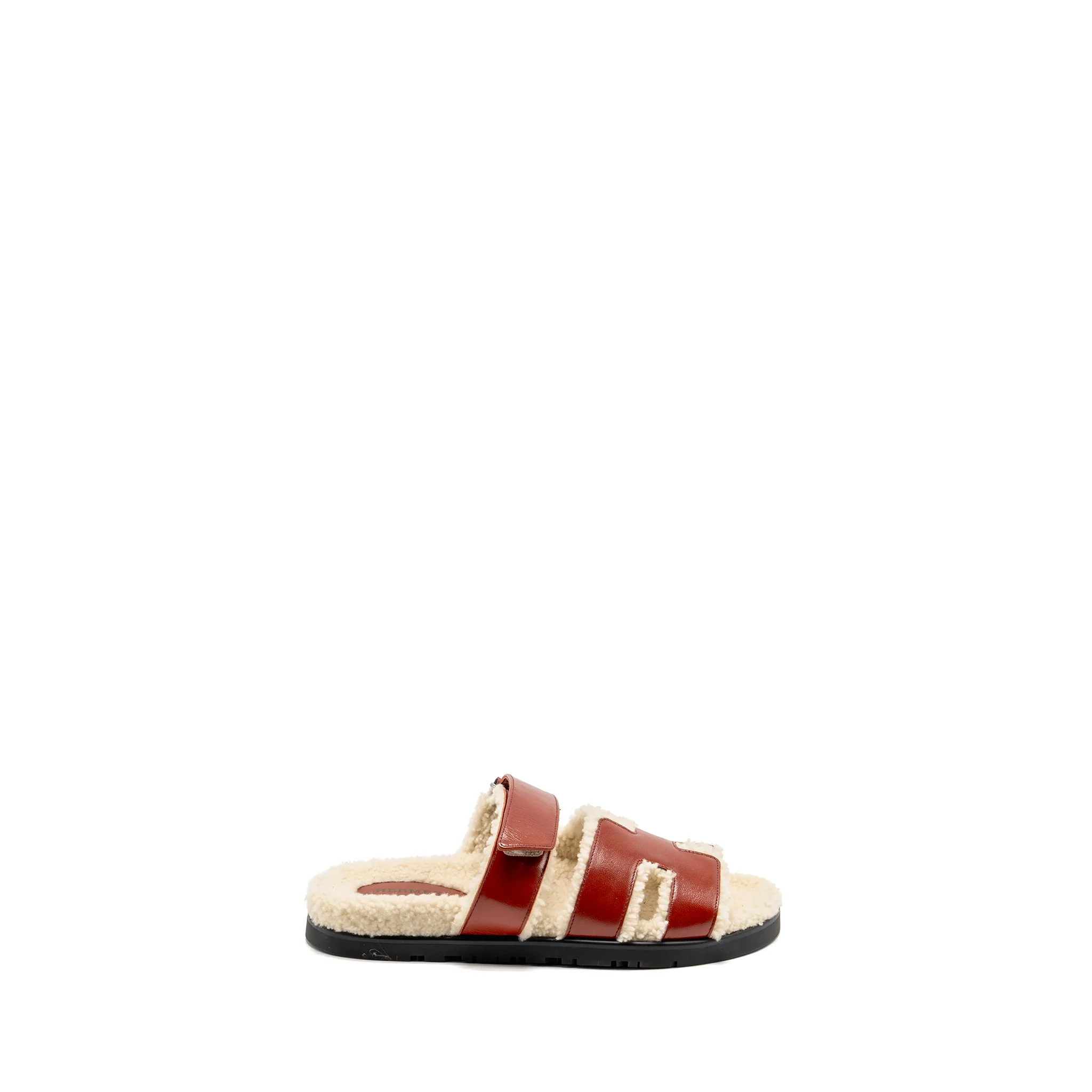 Hermes Size 37 Femme Chypre Sandals Glazed Napa/Shearling Rouge Sanguine/Ecru - Image 5