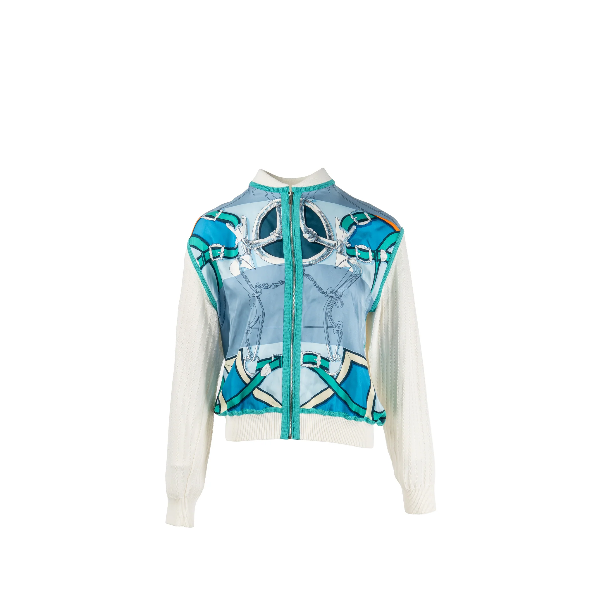 Hermes Size 40 printed silk zip knitwear white / blue