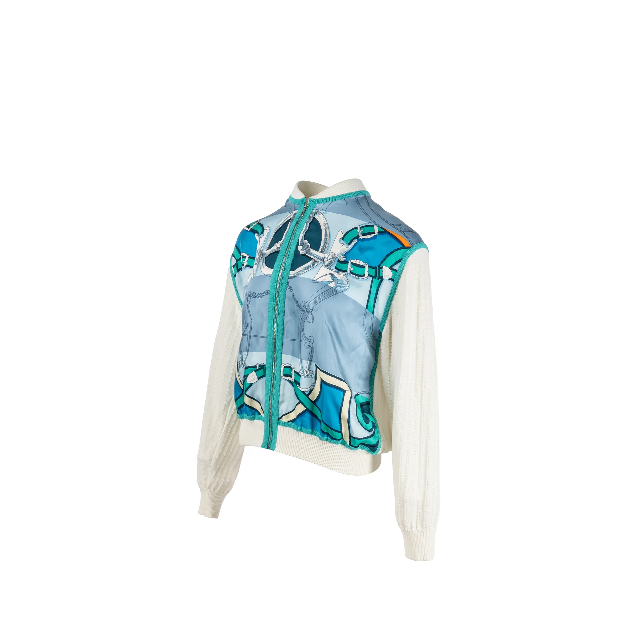 Hermes Size 40 printed silk zip knitwear white / blue - Image 2