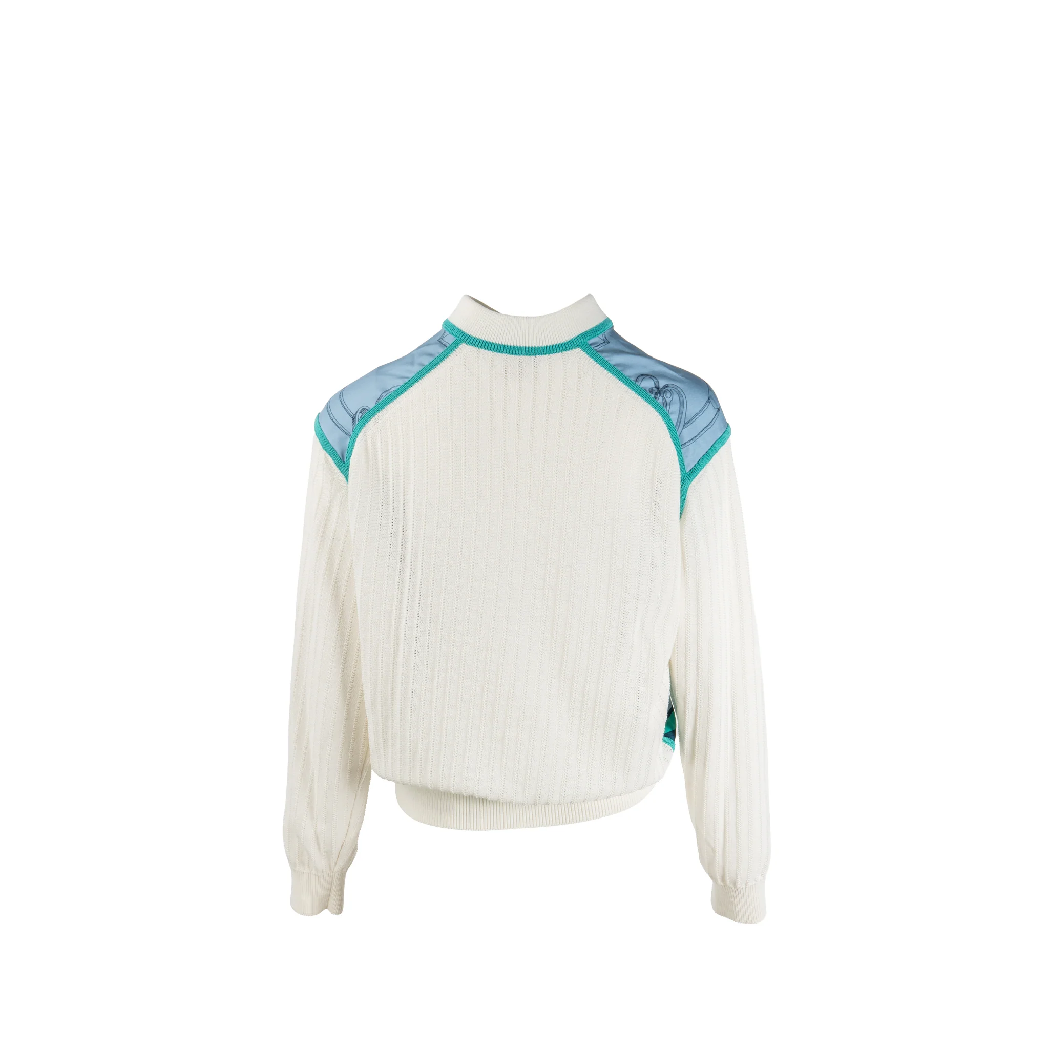 Hermes Size 40 printed silk zip knitwear white / blue - Image 3