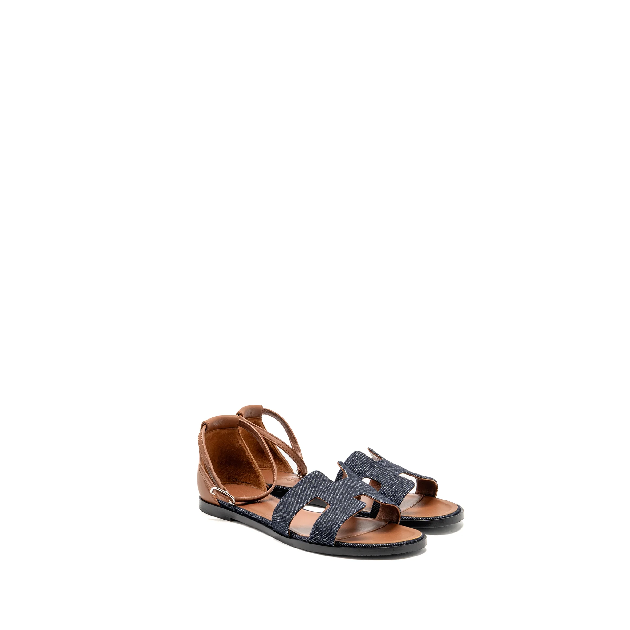 Hermes Size 40 Santorini Sandals Denim/Leather Bleu Brut / Gold SHW