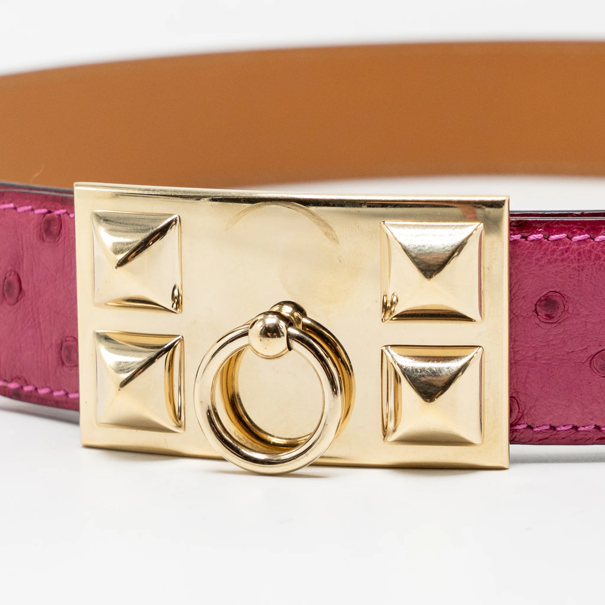 Hermes size 90 collier de chien belt ostrich pink GHW stamp square N - Image 4