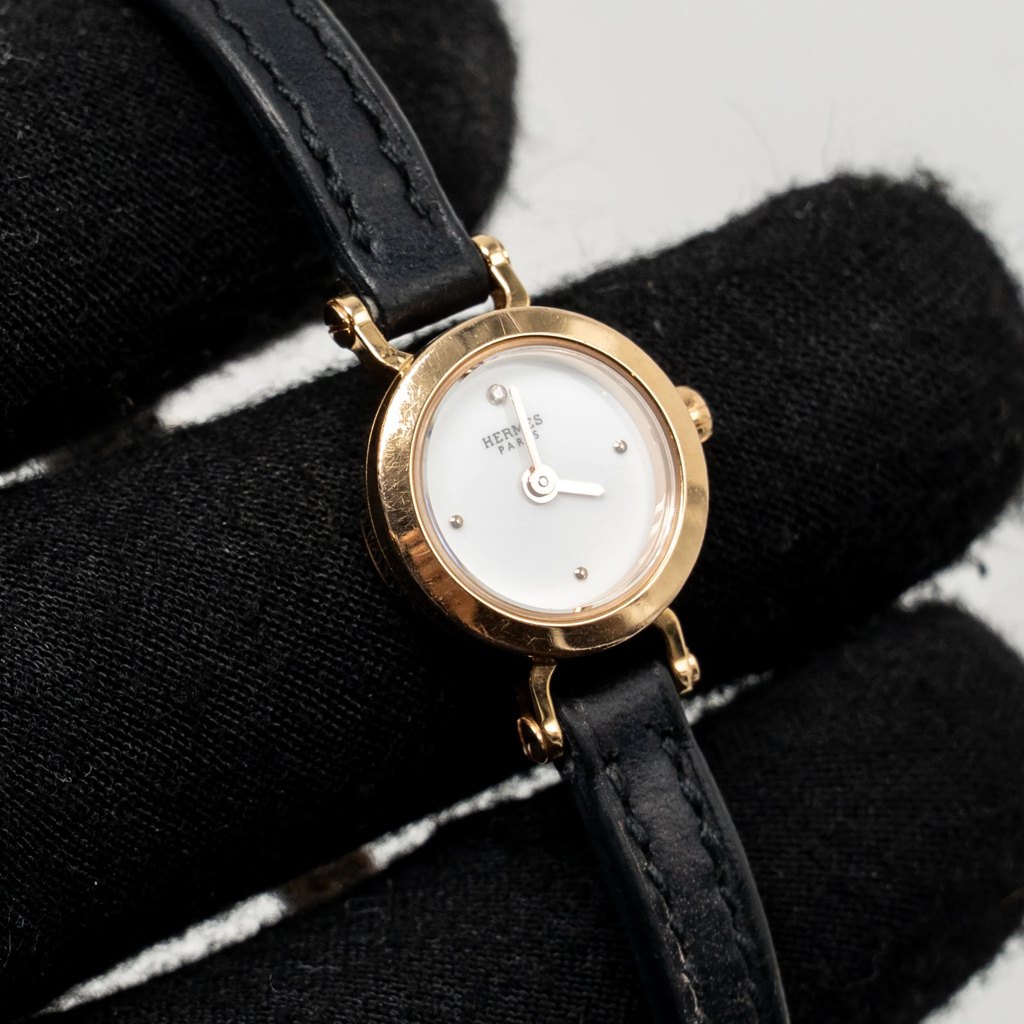 Hermes Faubourg Watch, Mini Model, 15mm Rose Gold/Diamond with Black Calfskin Strap - Image 5