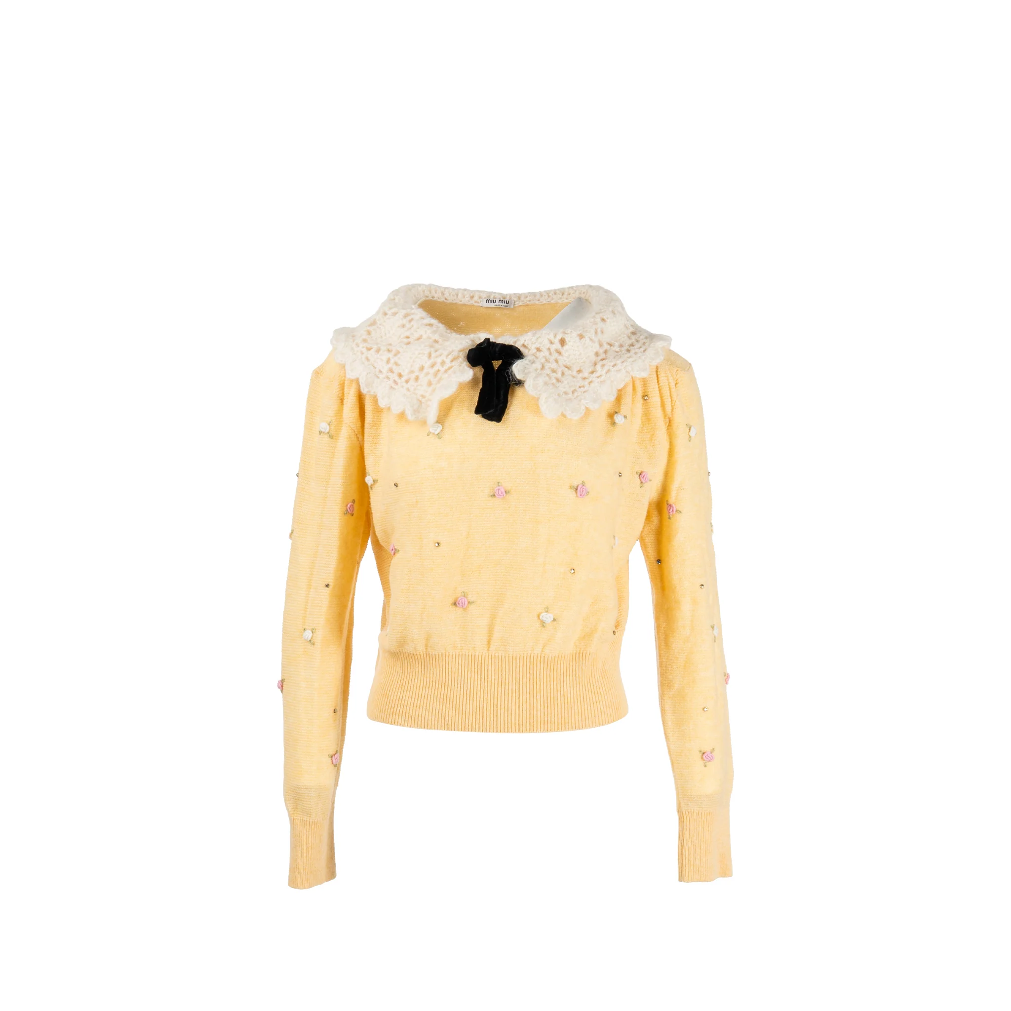 Miu Miu Size 38 Crochet Collar with Detailed Embroidered Rose Sweater Virgin Wool Yellow/Multicolour