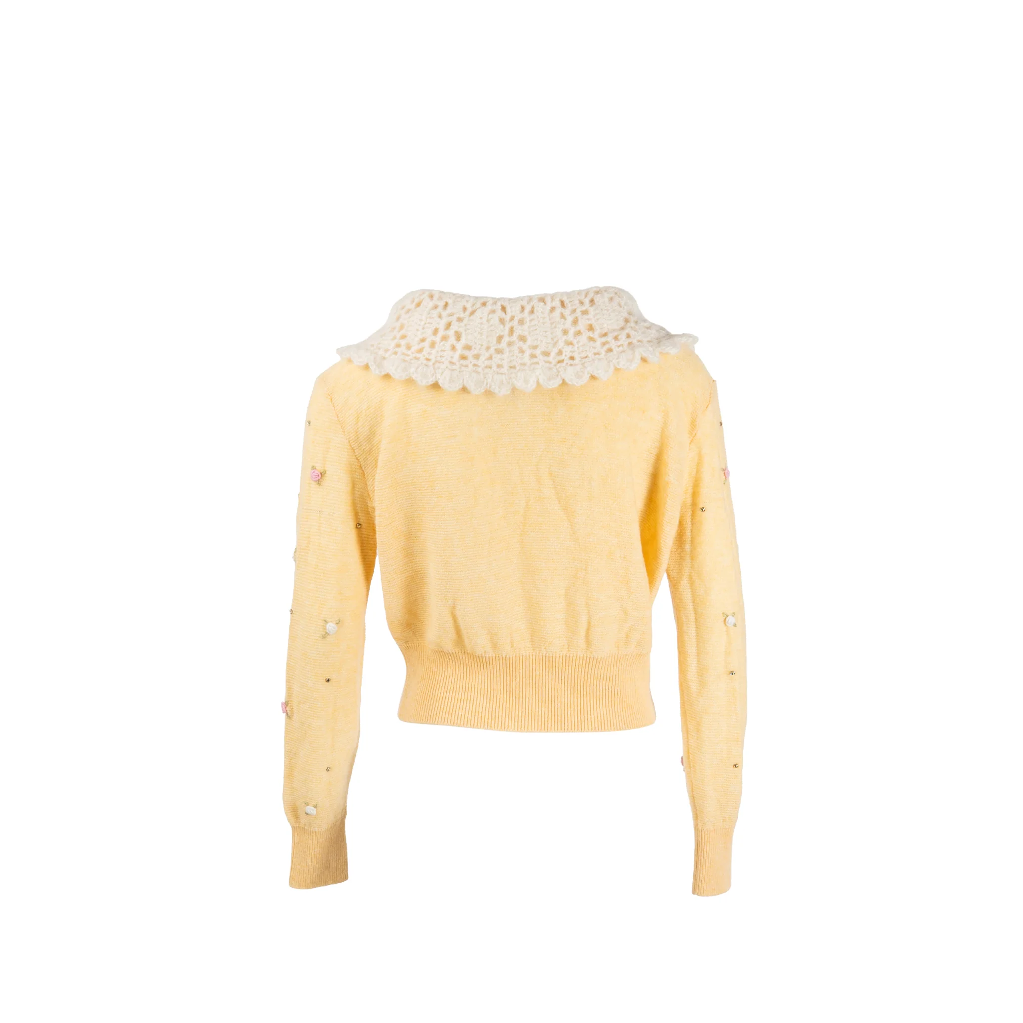 Miu Miu Size 38 Crochet Collar with Detailed Embroidered Rose Sweater Virgin Wool Yellow/Multicolour - Image 2