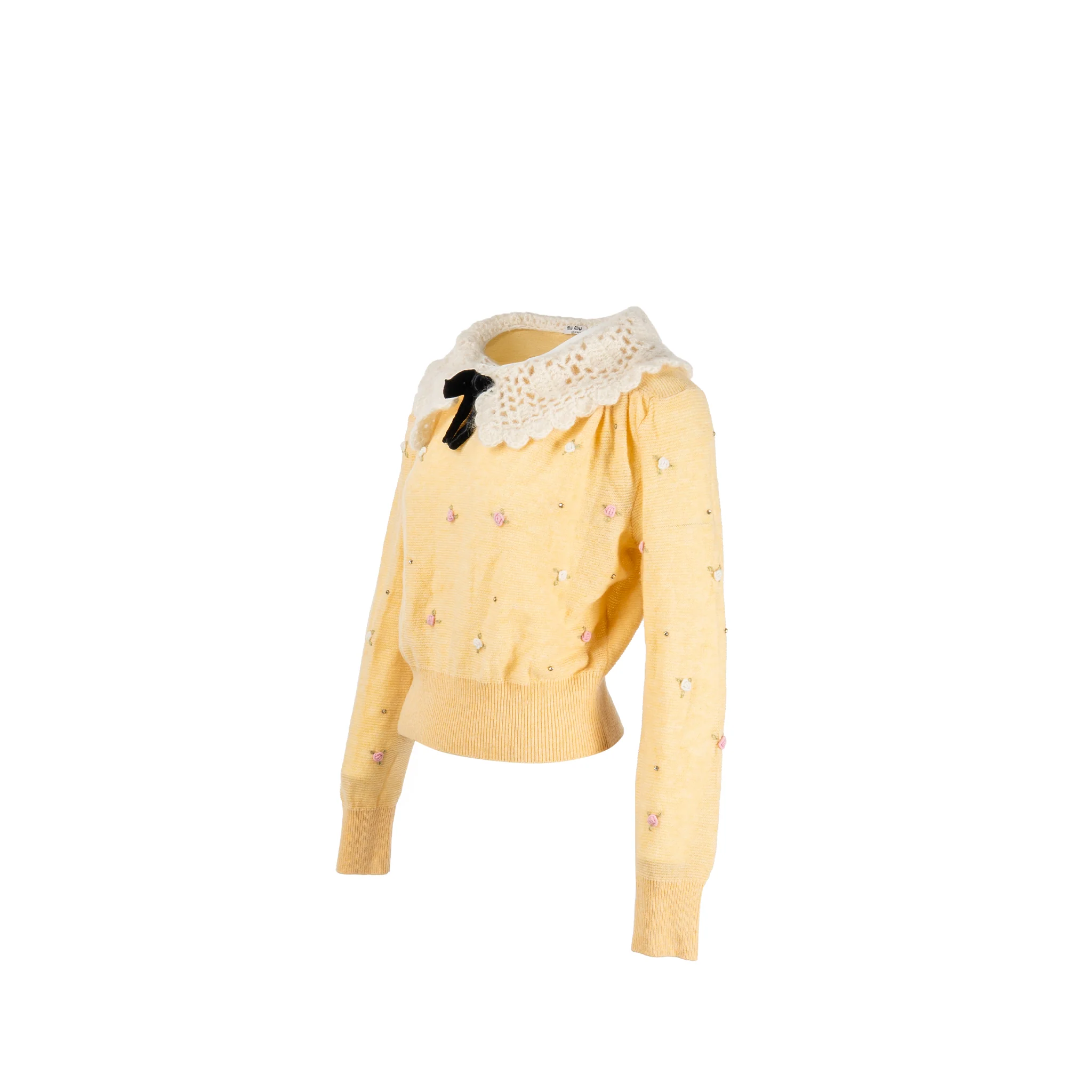 Miu Miu Size 38 Crochet Collar with Detailed Embroidered Rose Sweater Virgin Wool Yellow/Multicolour - Image 3