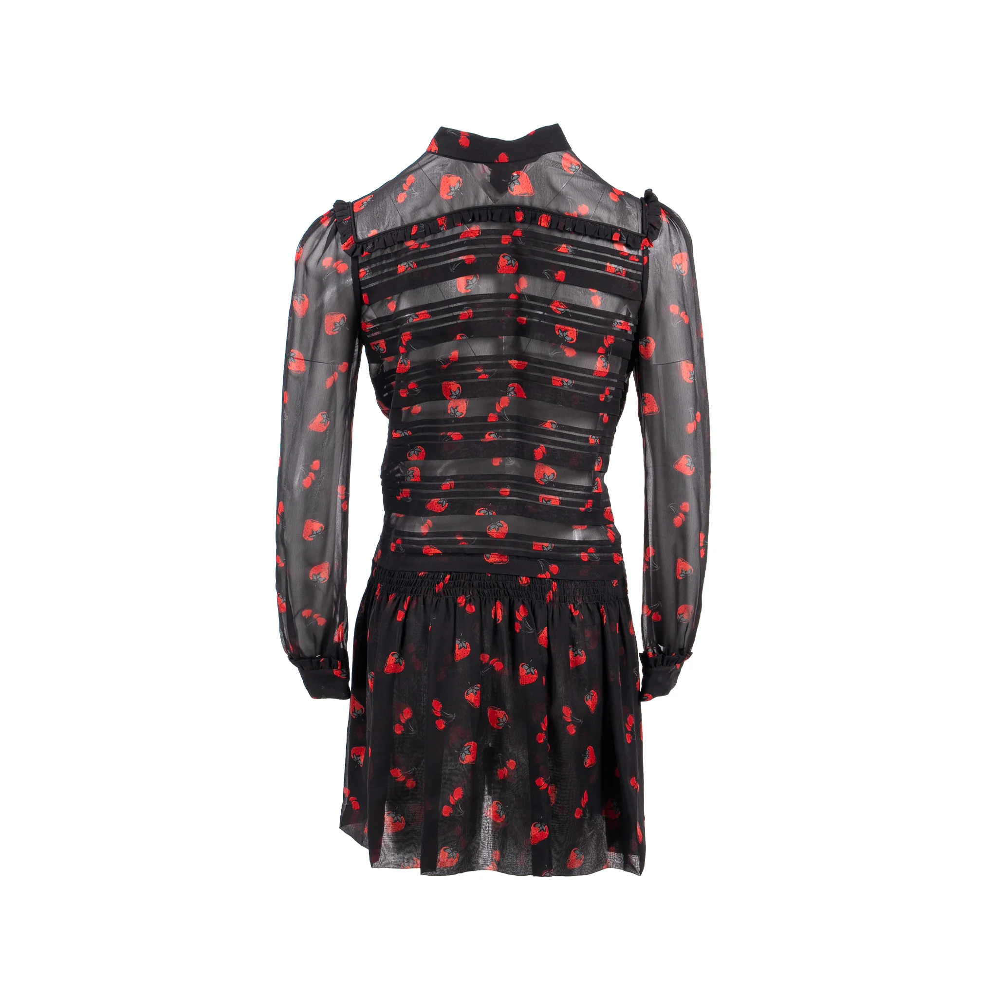 Miu Miu Size 40 Strawberry Rufle Knee Length Dress Silk /Polyester Black/Red - Image 3