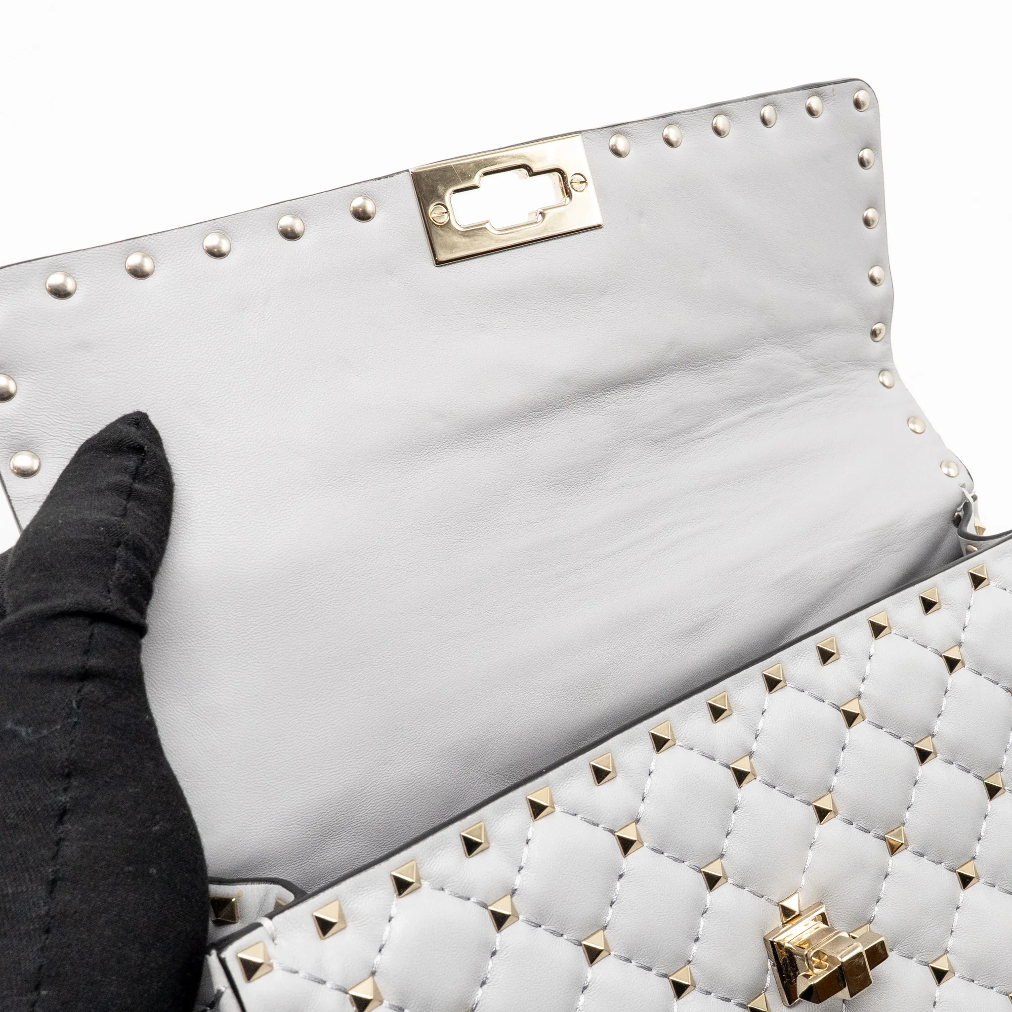 Valentino Medium Rockstud Spike Bag Lambskin Nappa Light Grey LGHW - Image 15