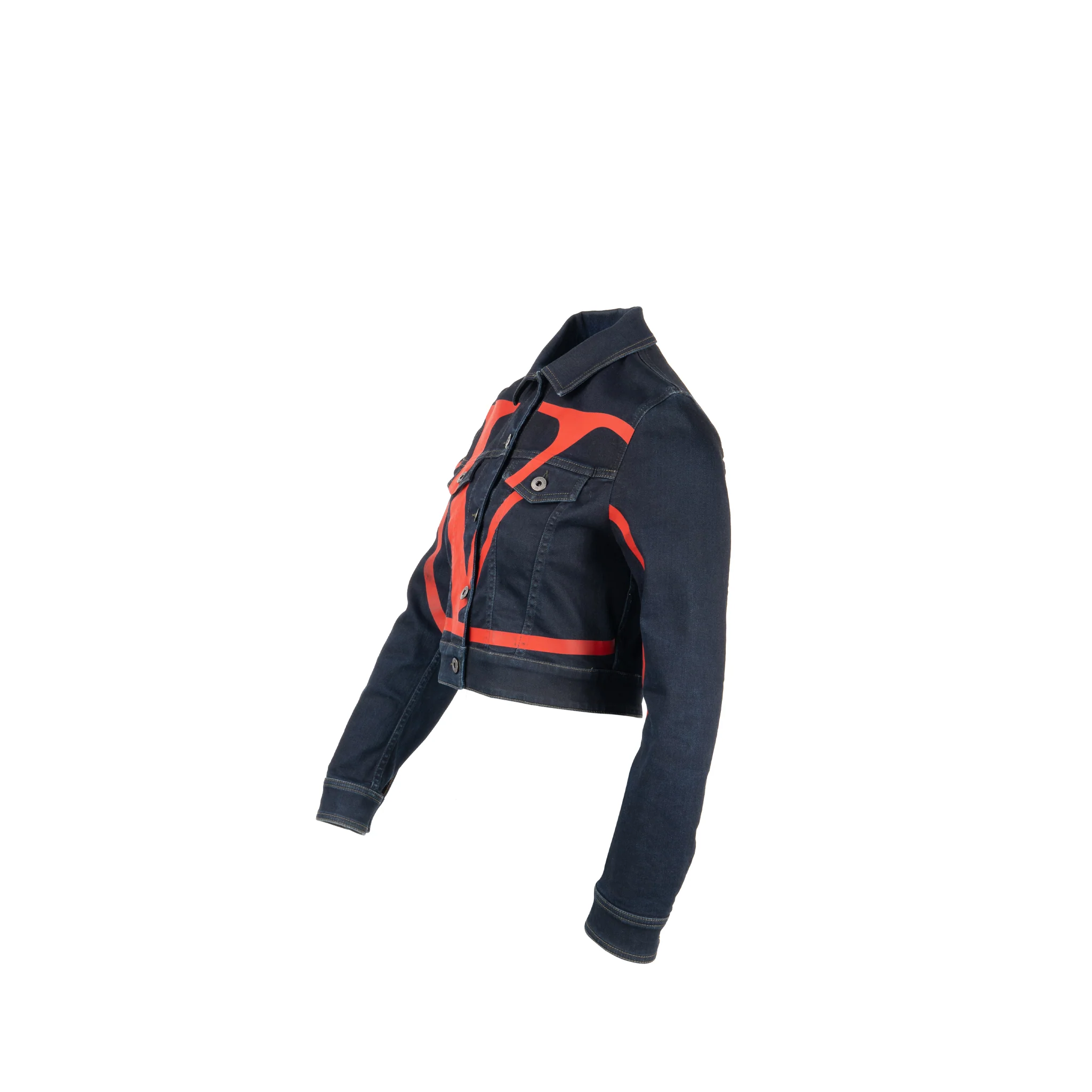 Valentino Size 38 V Logo Cropped Denim Jacket Dark Blue/Red - Image 3