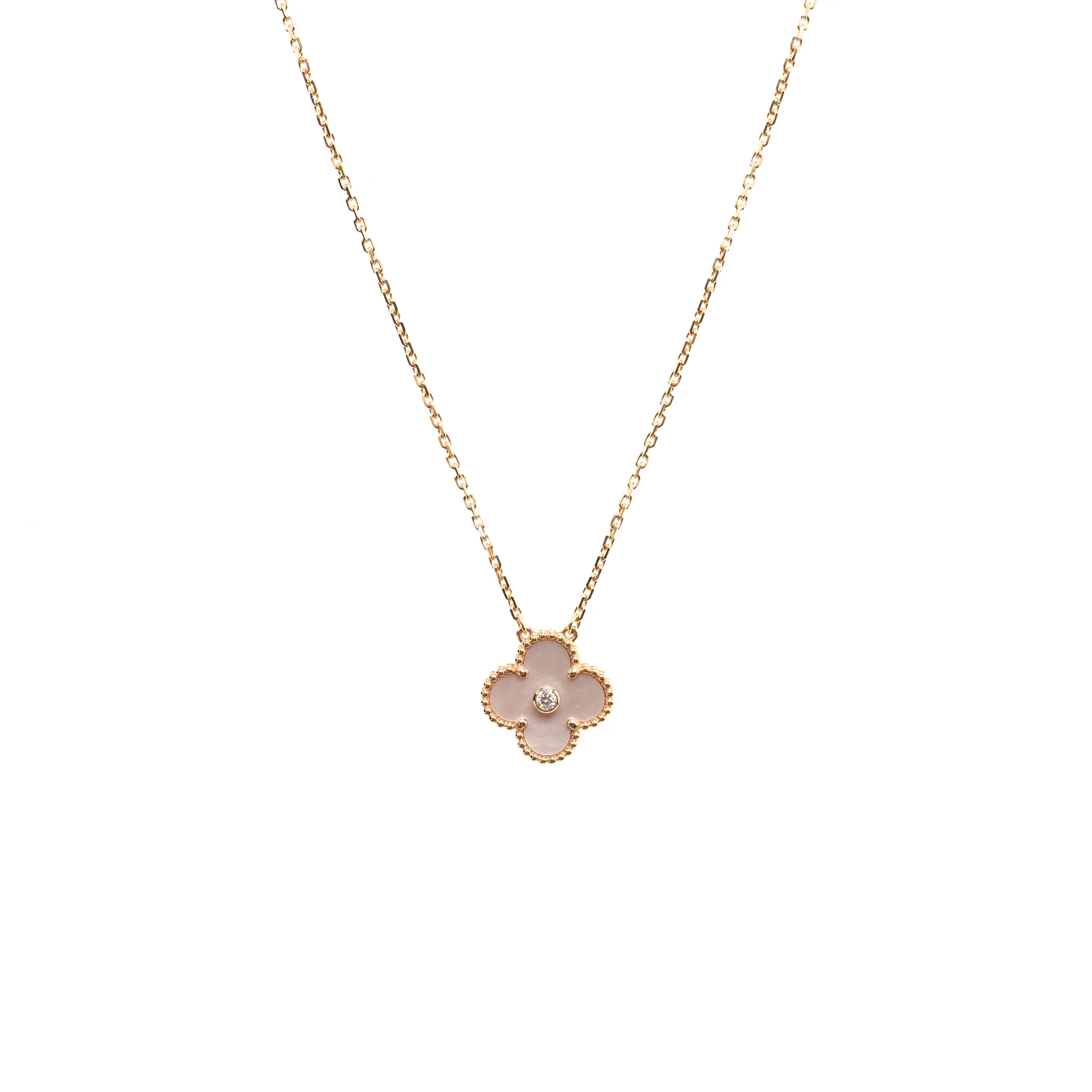 Van Cleef & Arpels 2025 Holiday Vintage Alhambra Pendant, Rose Gold, PINK Mother-of-Pearl, Diamond