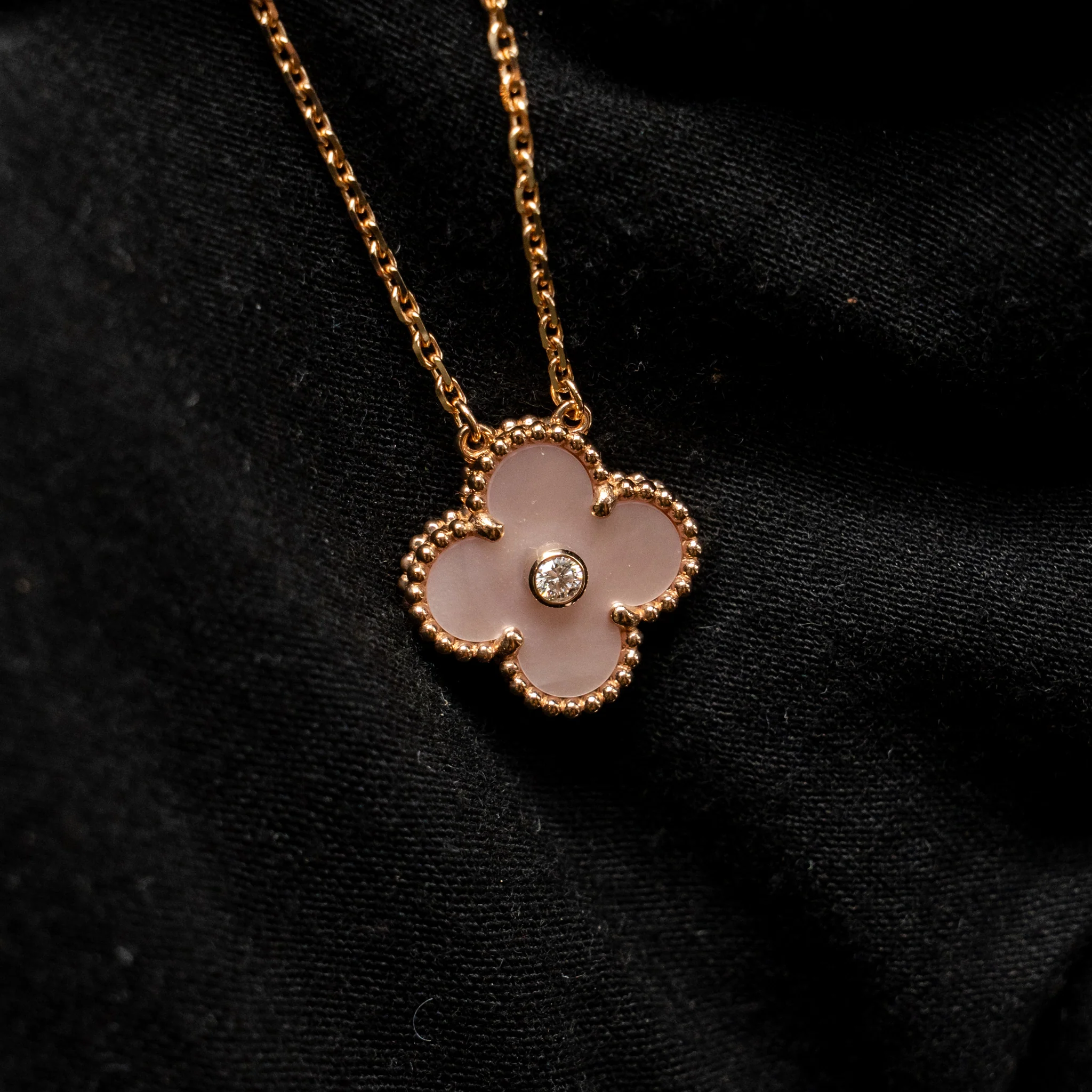 Van Cleef & Arpels 2025 Holiday Vintage Alhambra Pendant, Rose Gold, PINK Mother-of-Pearl, Diamond - Image 4