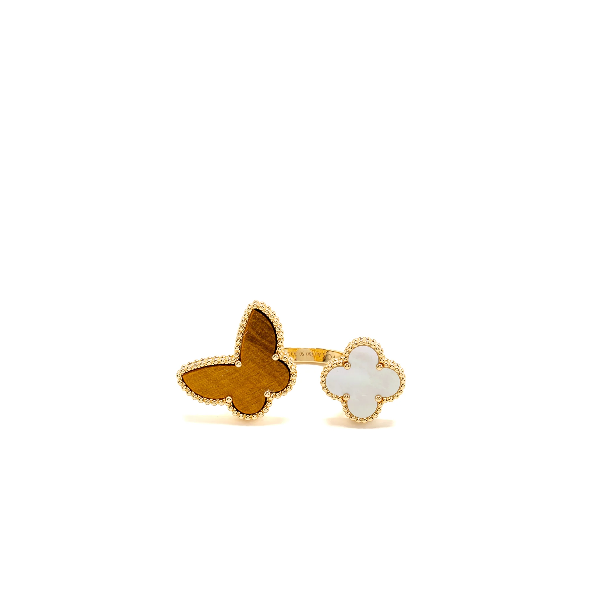 Van Cleef & Arpels Size 50 Lucky Alhambra Between The Finger Ring, Yellow Gold, White Mother-of-Pearl, Tiger’s Eye